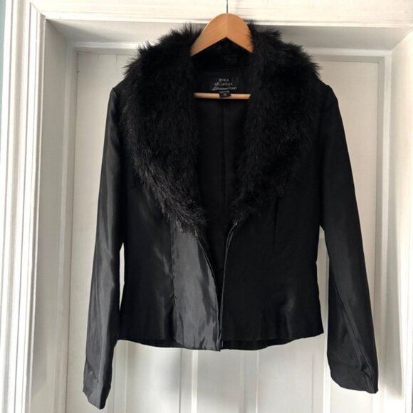 Jessica McClintock Vintage Black Satin Faux Fur Blazer Jacket Zip Up Size S / M - Picture 2 of 11